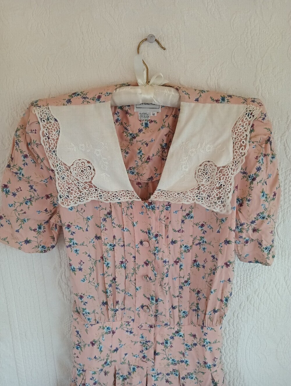 Vintage Pink Floral Midi Dress Lace Sailor Collar Prairiecore Karin Stevens 80s - Picture 3 of 15